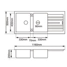 1160 x 500 x 200mm Carysil Double Bowl Drainer Board Granite Kitchen Sink