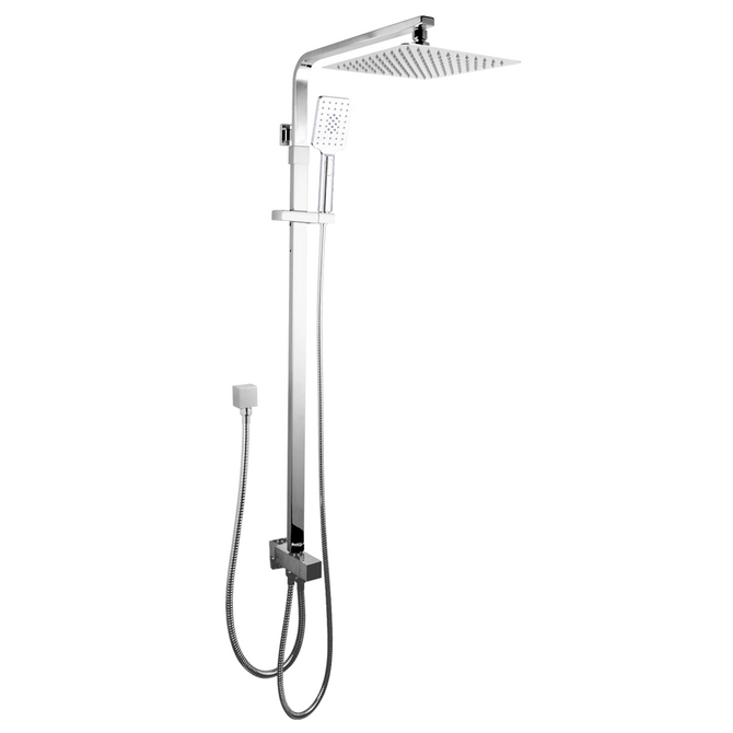 Aquaperla square chrome twin shower station with 10 inch rainfall head and handheld spray
